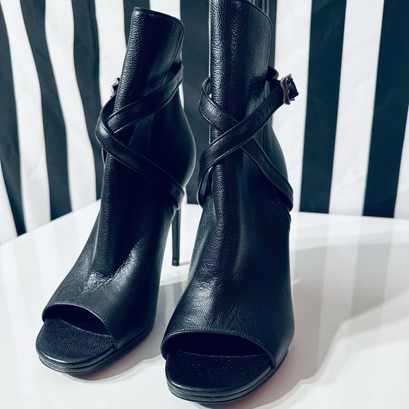 SAINT LAURENT Paris Black Leather Peep Toe Platform Heeled Ankle Booties - Picture 6 of 8